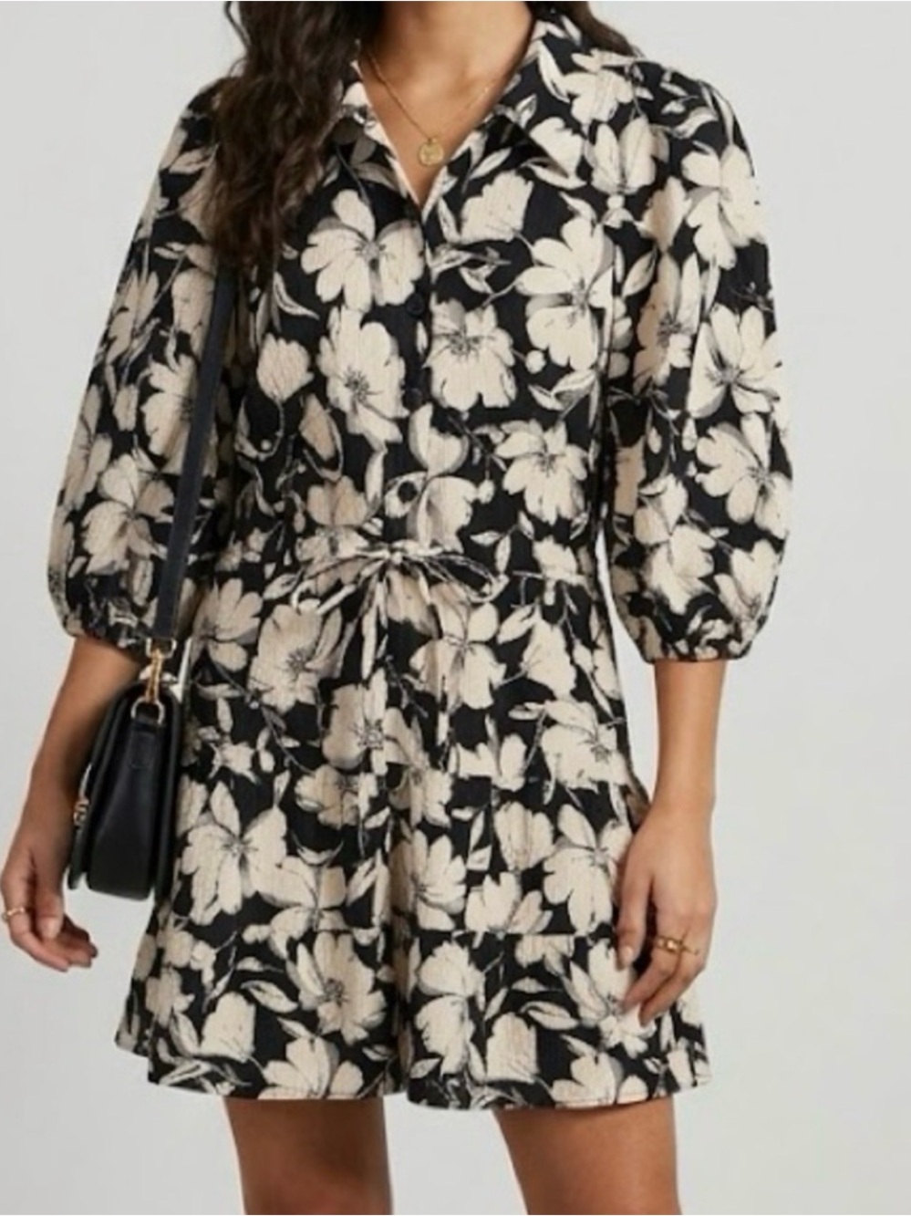 Zara Black & Cream Floral Tie-Waist Mini Dress in Size Medium